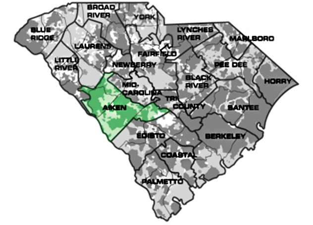 Map of South Carolina with Aiken service area highlighted
