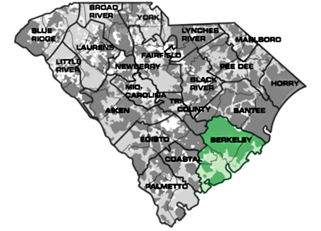 Map of South Carolina with Berkeley service area highlighted