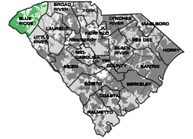 Map of South Carolina with Blue Ridge service area highlighted