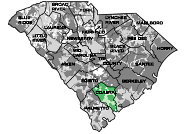 Map of South Carolina with Coastal service area highlighted