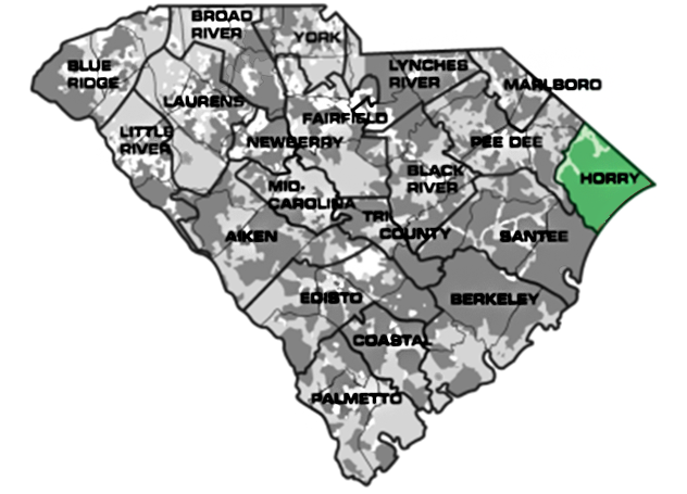Map of South Carolina with Horry service area highlighted