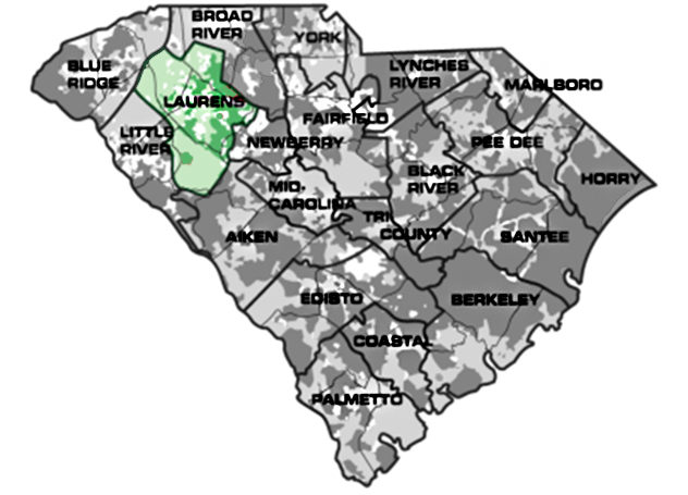 Map of South Carolina with Laurens service area highlighted