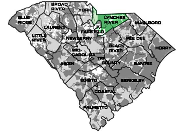 Map of South Carolina with Lynches River service area highlighted