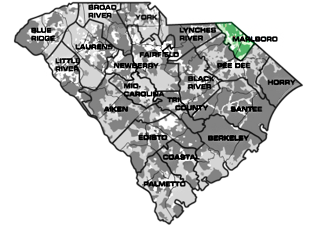 Map of South Carolina with Marlboro service area highlighted