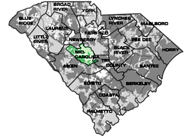 Map of South Carolina with Mid-Carolina service area highlighted