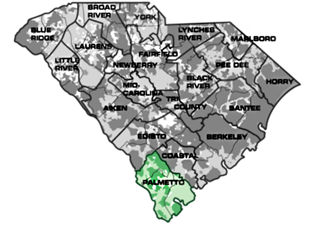 Map of South Carolina with Palmetto service area highlighted
