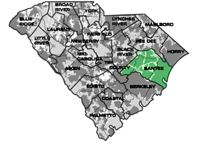 Map of South Carolina with Santee service area highlighted