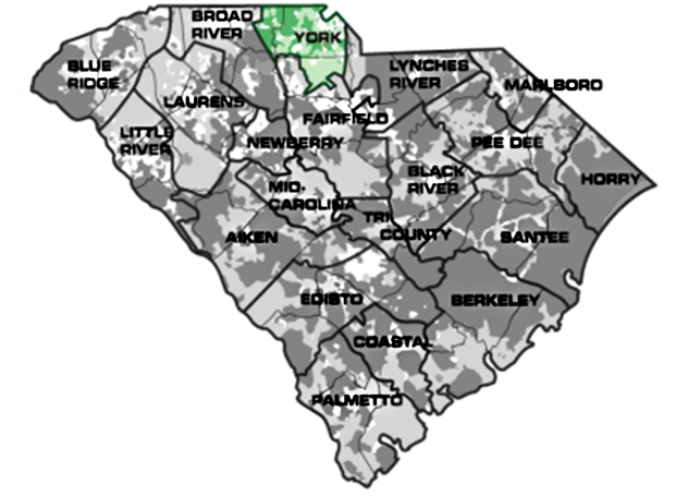 Map of South Carolina with York service area highlighted